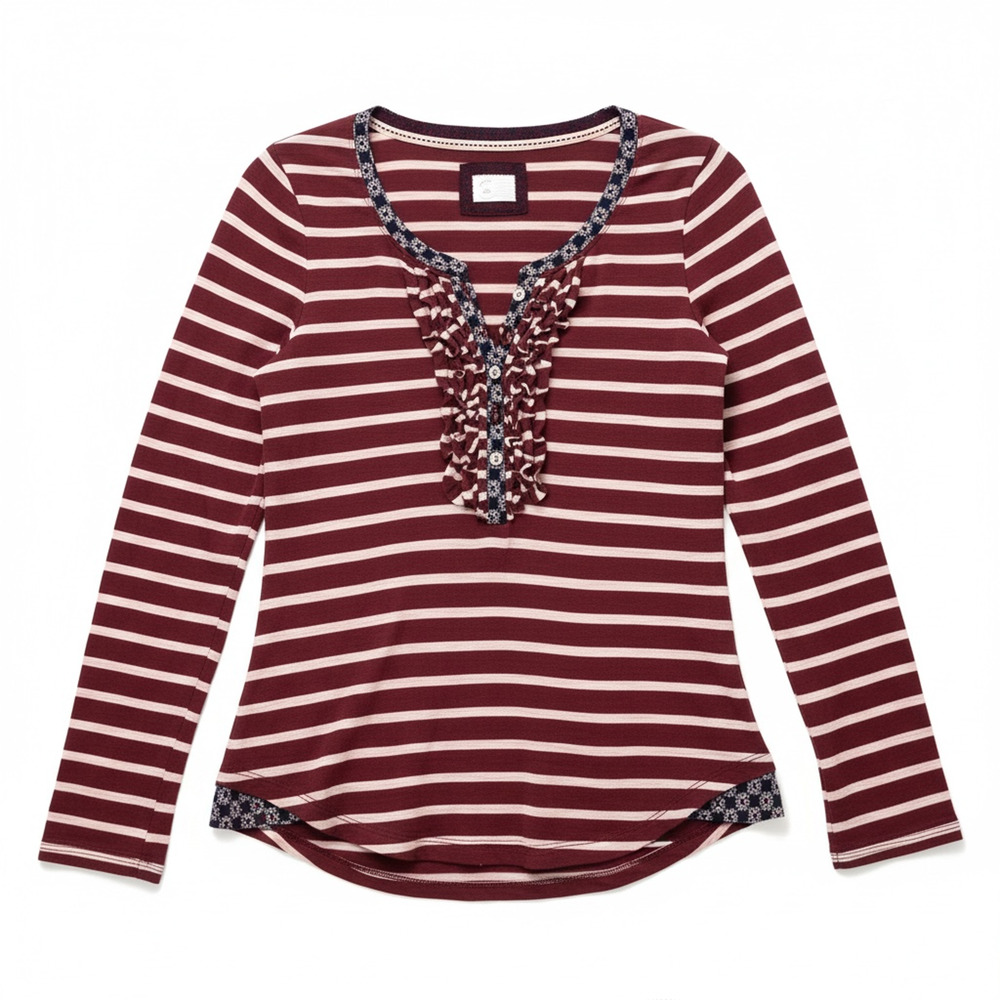 Anthropologie Ruffle Henley Maroon Striped Small 90s Twilight Fall Academia